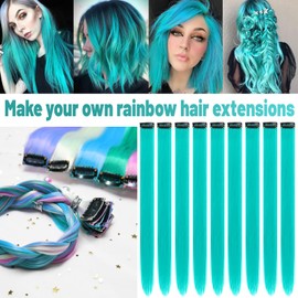 TOFAFA 22 inch Colored Hair Extensions Straight Hairpiece, Multi-colors Party Highlights Clip in Synthetic Hair Extensions for Women Kids Girls (10 PCS Teal Blue)