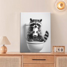 Raccoon Bathroom Wall Art, Funny Raccoon Pictures Wall Decor, Black And White Animal Canvas Prints Painting, Framed Artwork for Bathroom Living Room Bedroom Office Home Decorations 16"x12"