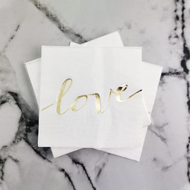 Servilletas de papel blanco con estampado de letras brillantes doradas Love – plegadas 16,5 x 16,5 cm/desplegadas 33 x 33 cm para bodas, novias/baby shower, cenas, fiestas de cumpleaños (48 unidades)