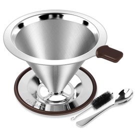 FACIACC Coffee Dripper Coffee Filter Stainless Steel Filter Slow Coffee Drip Double Layer Mesh All-in-One Cleaning Brush and Spoon Paperless Anti Clog Conical Lightweight Reusable 1-2 Cups Silver