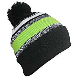 Best Winter Hats Quality Variegated Stripe Solid Cuff Beanie W/Large Pom - Black/Lime Green