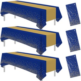 Suhelkit Blue and Gold Party Tablecloth Decorations, 3Pcs Disposable Blue Rectangle Table Covers Printed Gold Table Runner & Dot, for Birthday Baby Shower Wedding Anniversary Graduation, 55in x 86in