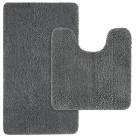 MIULEE Bath Mat, Shower Mat, Bath Mat, Hallway, Set of 2, Non-Slip Mat, Rugs, Bathroom Rug, Washable, Absorbent for Bathroom, Living Room, 50 x 80 cm and 50 x 50 cm with Cut-Out, Grey