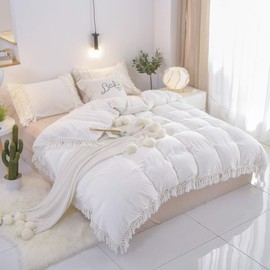 Brandream Velvet Duvet Cover King 3 Pcs Bohemian Style Modern Bedding White Girls Bedding Flannel Fringed Tassel and Ruffle with Zipper Ties for Winter