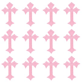 Morcheiong 12Pcs Cross Patches Iron On Cross Embroidered Applique Patch DIY Decor Patches for Clothes Jeans Hat Backpack（Light Pink）