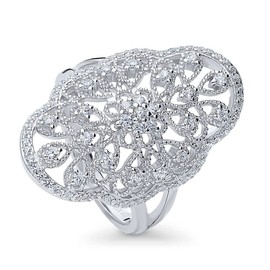BERRICLE Rhodium Plated Sterling Silver Cubic Zirconia CZ Statement Flower Art Deco Filigree Cocktail Fashion Right Hand Ring Size 4.5