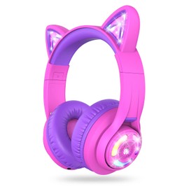 iClever Cat Ear Kids Bluetooth Headphones RGB LED Light Up,50H Playtime, 74/85/94dB Volume Limited, Over Ear Foldable Wireless Kids Headphones with Microphone for School/Tablet/PC