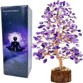 Amethyst Crystal Healing Chakra Tree of Life, Gemstone Feng Shui Money Tree Positive Energy & Good Luck, Artificial Gem Stone Bonsai Tree Home Office Room Desk Decor Gifts