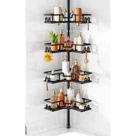 Shower Caddy Tension Pole: 4-Tier Adjustable Corner Organizer Black