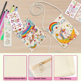Pack of 6 Fabric Bags for Painting for Children, DIY Children's Shoulder Purse, Small Shoulder Bags with 12 Colouring Pencils, 4 DIY Painting Stencils, 3 Diamond Stickers Neck Pouch for School Party