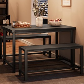 IDEALHOUSE Dining Table Set for 4, Kitchen Table with Benches, Rectangular Dining Room Table Set with 2 Metal Wood Benches, 3 Piece Dining Table Set for Small Space, Apartment, Dinette, Retro Black