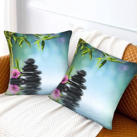 Teal Decorative Throw Pillow Cover Asian Zen Stone, Pillow Covers 18"x 18" Set of 2 Meditation Japanese Bamboo Pattern Spa Room Decor for Living Room Couch Cushion Bed Indoor Home Decor