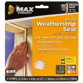 Duck MAX Strength Silicone Weatherstrip Seal, Self-Adhesive Premium Weatherproofing, .3125-Inch x .25-Inch x 17 Feet Long Total, White, 1-Roll, 281209