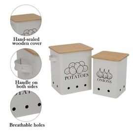 Gdfjiy Kitchen Vegetable Storage Tins Set of 2 for Potatoes, Onion, with wooden lid Garlic Bin Caddy, Long Shelf Life-white
