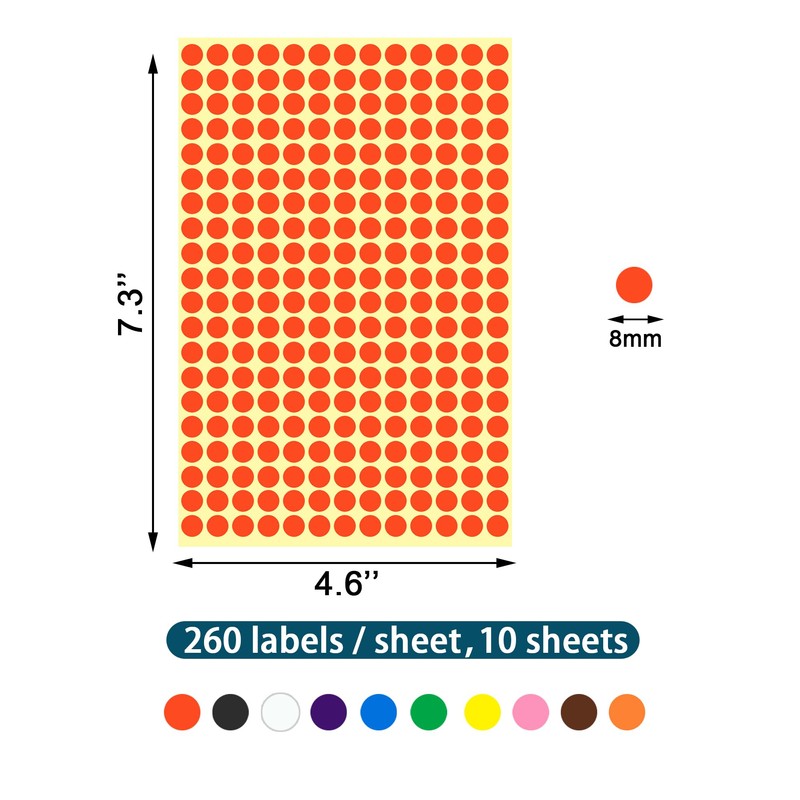 10 Sheets/2600 PCS Coloured Dot Stickers 10 Colours Round Color