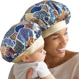 Red by Kiss 2-in-1 Mommy & Me Satin Bonnet Sleep Cap for Adult and Babies, Soft, Stretchy, and Safe, Protects Fragile Hair from Frizz & Breakage, Friction Bald Spots (Animal Prints, 6-18M)