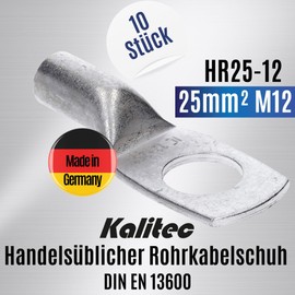 Kalitec HR25-12 Standard Pipe Cable Lugs 25 mm² M12 I Without Viewing Hole I Made in Germany Pack of 10