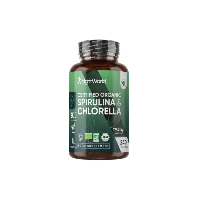 Organic Spirulina and Chlorella Capsules - 80 Days Supply -