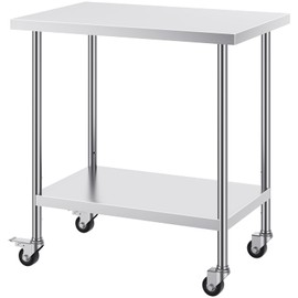 Happybuy 24x36x38 Inch Stainless Steel Work Table, Heavy Duty Food Prep Table with 4 Wheels & 3 Adjustable Shelves, Commercial Kitchen Workstation, Silver