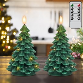 Lasumora Christmas Tree Shaped LED Candles with Remote Timer, 2 Pcs Flameless Pillar Candles with Embedded String Lights, Battery Operated Flickering Green Candles for Christmas Home Décor