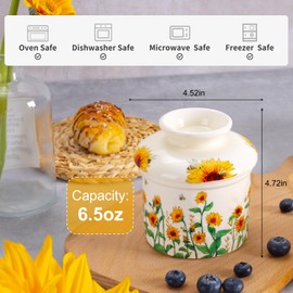 Butter Crock with Lid for Countertop , French Butter Keeper with Water Line, Embossed Butter Holder for Counter, Butter Dish With lid for Spreadable Butter Sunflower Kitchen Decor Mother's Day Gift