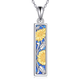VONALA Sunflower Necklace Sterling Silver Blue Opal Rectangle Sunflower Pendant Bar Necklace Charm Sunflower Jewelry for Women Mom Birthday Gifts