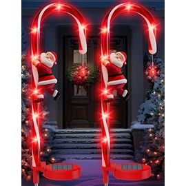 Solar Christmas Decorations Candy Cane Lights, Solar Xmas Pathway Markers Lights, Outdoor Decor Stake with Snowflowers & Santa, Constant & Flash Modes 8 LED Lights for Garden Patio Yard Lawn, 2 Pieces