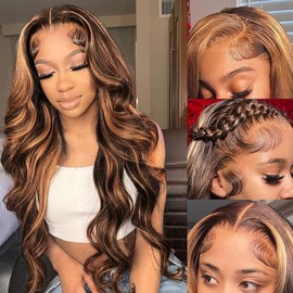 Loyom Body Wave Ombre Lace Front Wig Human Hair Pre Plucked 13x4 HD Transparent 4/27 Highlight Lace Front Wig Human Hair with Baby Hair 200 Density Honey Blonde Lace Front Wig Human Hair 24 Inch