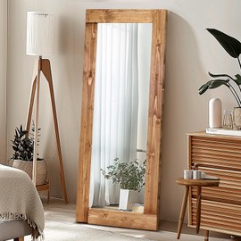 ABSWHLM Full Length Mirror 58"x24" – Solid Wood Frame, HD Tempered Glass, Wall Mounted & Leaning, Rustic Modern Decor for Bedroom, Living Room, Entryway, Light Brown