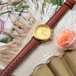 Anbeer 12mm Flat Thin Elegant Genuine Leather Watch Strap,Quick Release Replacement Watch Band,Brick Red with Gold Buckle
