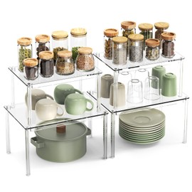 NESTRAXO 4Pack Acrylic Cabinet Organizer, Clear Cabinet Organizer Shelf, Spice Rack Organizer for Cabinet for Dishes, Spices, Soda Cans and Bottles, Stackable Shelves House Essentials for Gift