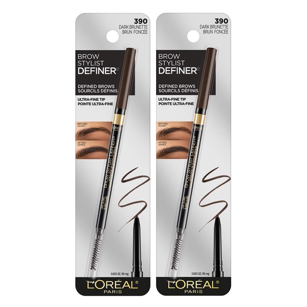 L'Oreal Paris Makeup Brow Stylist Definer Waterproof Eyebrow Pencil, Ultra-Fine Mechanical Pencil, Draws Tiny Brow Hairs and Fills in Sparse Areas and Gaps, Dark Brunette, 0.11 Ounce (Pack of 2)