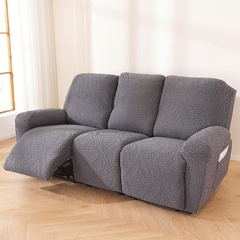 eyex 8-Pieces Recliner Chair Covers Leaf Sofa Slipcovers Black Grey Stretch Slipcovers for 3 Seater Recliners with Arms