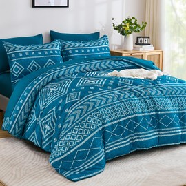 Yiran Teal Blue Comforter King Size, 7 Piece Boho Aztec Bedding Set, Geometric Bed in a Bag King, Soft Microfiber Bohemian Striped Complete Bedding Set with Sheets for All Season