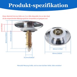 Pop Up Drain Valve 66 mm Chrome-Plated Metal Pop-Up Plug Sink Plug Drain Valve 66 mm Brass Polished Chrome with Pop Up Screw for Sink Bathroom Drain Fitting