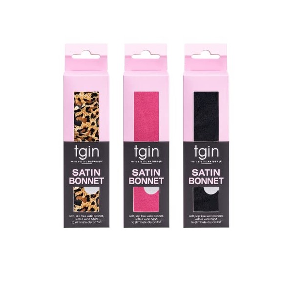tgin Slip Free Satin Bonnet for Women - Protective - Wavy - Natural Hair - Curly Hair - 3 Pack (Pink, Black, Leopard Print)