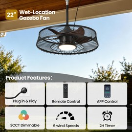 22" Outdoor Ceiling Fan with Lights, IP44 Waterproof Plug in Caged Fan with Remote & APP Control, 3CCT Dimmable 6-Speeds Reversible DC Motor, Wood Finish Gazebo Fan for Patio Porch Pergola Canopy