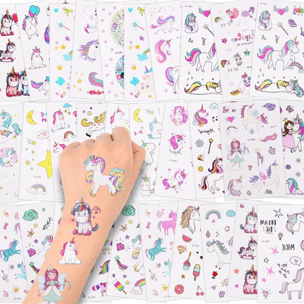 AOOWU Temporary Tattoo for Kids, 30 Sheets Kid Temporary Tattoos Sticker, Waterproof Fake Tattoo Set, Childrens Cartoon Unicorn Tattoo Stickers for Boys Girls Unicorn Theme Birthday Party Bag Filler