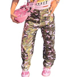 Generic Womens Camo Cargo Pants High Waisted Baggy Y2k Straight Wide Leg Joggers Trousers Workout Sweatpants Plus Size, Large, Pink
