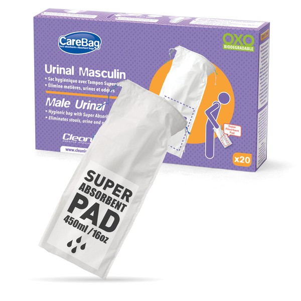 Carebag Medical Grade Male Urinal Bag with Super Absorbent Pad, 20 Count – Travel Urinal for Men – 20 Disposable Bedside Urinal Bottle Bags – Leak-Resistant
