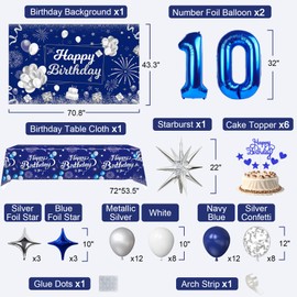 Blue 10th Birthday Decorations for Boys Girls, 10th Silver and Navy Blue Birthday Decorations for Him Her with Happy Birthday Backdrop Banner Tablecloth Balloons Arch Foil Balloons Party Supplies