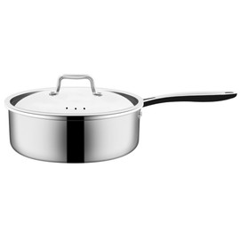 Nuwave Commercial 3QT Tri-Ply Stainless Steel Sauté Pan with Lid, Even-Heating Technology, 18/10 Deep & Heavy-Duty Construction, PTFE PFOA PFAS Free