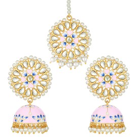 Aheli Handcrafted Traditional Wedding Wear Faux Kundan Studded Floral Enamel Jhumka Jhumki Earrings with Maang Tikka Indian Ethnic Fashion Jewelry Gift for Women Pink