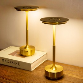 LUSHARBOR Cordless Table Lamp, 5200mAh Rechargeable Battery Operated Desk Lamp, 3-Color Stepless Dimming Touch LED Bedside Light for Restaurant Bedroom Gold-2Pack