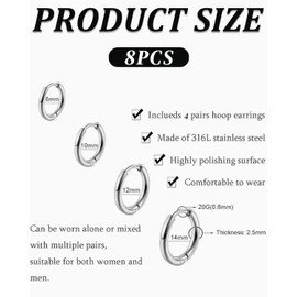 UYRVAPE Hoop Earrings for Men Women Silver 316L Surgical Steel Hoop Earrings Set Round Earrings Snug Cartilage Men Hypoallergenic Earrings Nose Lip Rings 4 Pairs (8/10/12/14 mm)