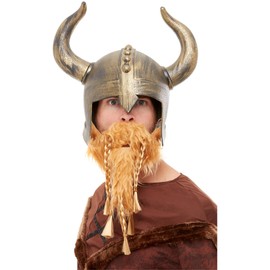 Smiffys Viking Helmet, Gold with Beard, Historical Fancy Dress, Viking Dress Up Hats