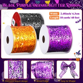 3 Rolls Purple Black Orange Glitter Mesh Wired Ribbon Halloween