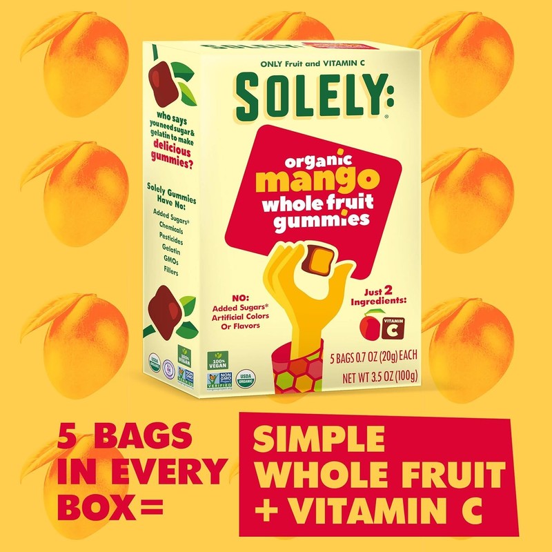 SOLELY Organic Fruit Gummies Variety Pack, Mango, Orange, Guaba, and