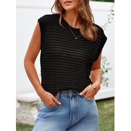 Summer Sweaters Vest for Women 2024 Crew Neck Sleeveless Solid Color Loose Pullover Knit Tank Tops Black XXL
