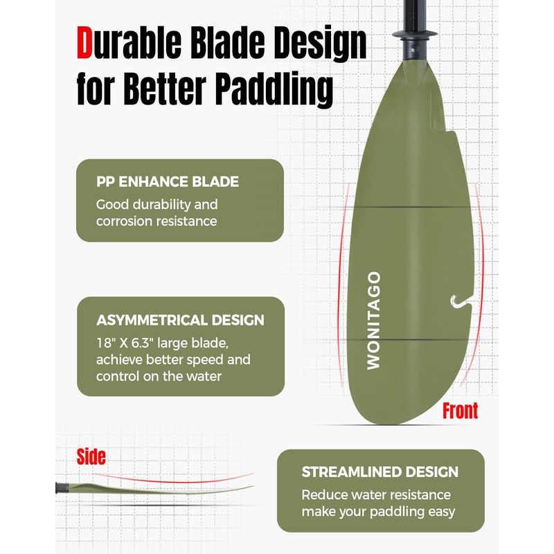 WONITAGO Angler Kayak Paddle with Fiberglass Shaft and Plastic Blade,